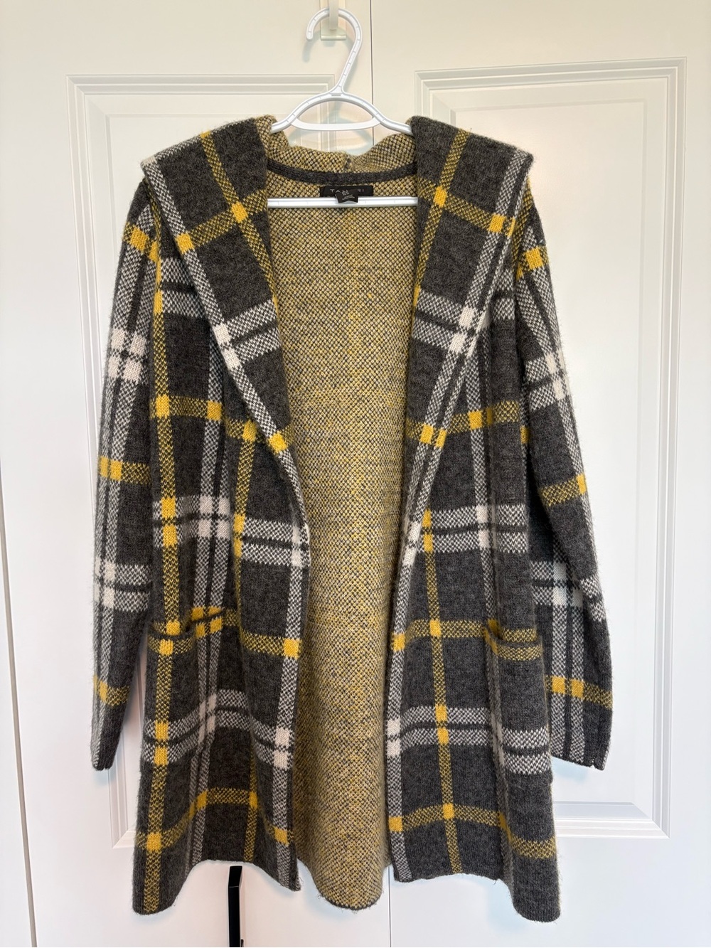 Tahari Gray & Yellow Plaid Long Wool Blend Sweater Coat w/ Hood -  medium